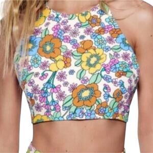 Zara Womens 70's Style Floral Multi Color Strappy Crop Halter Top Size S
